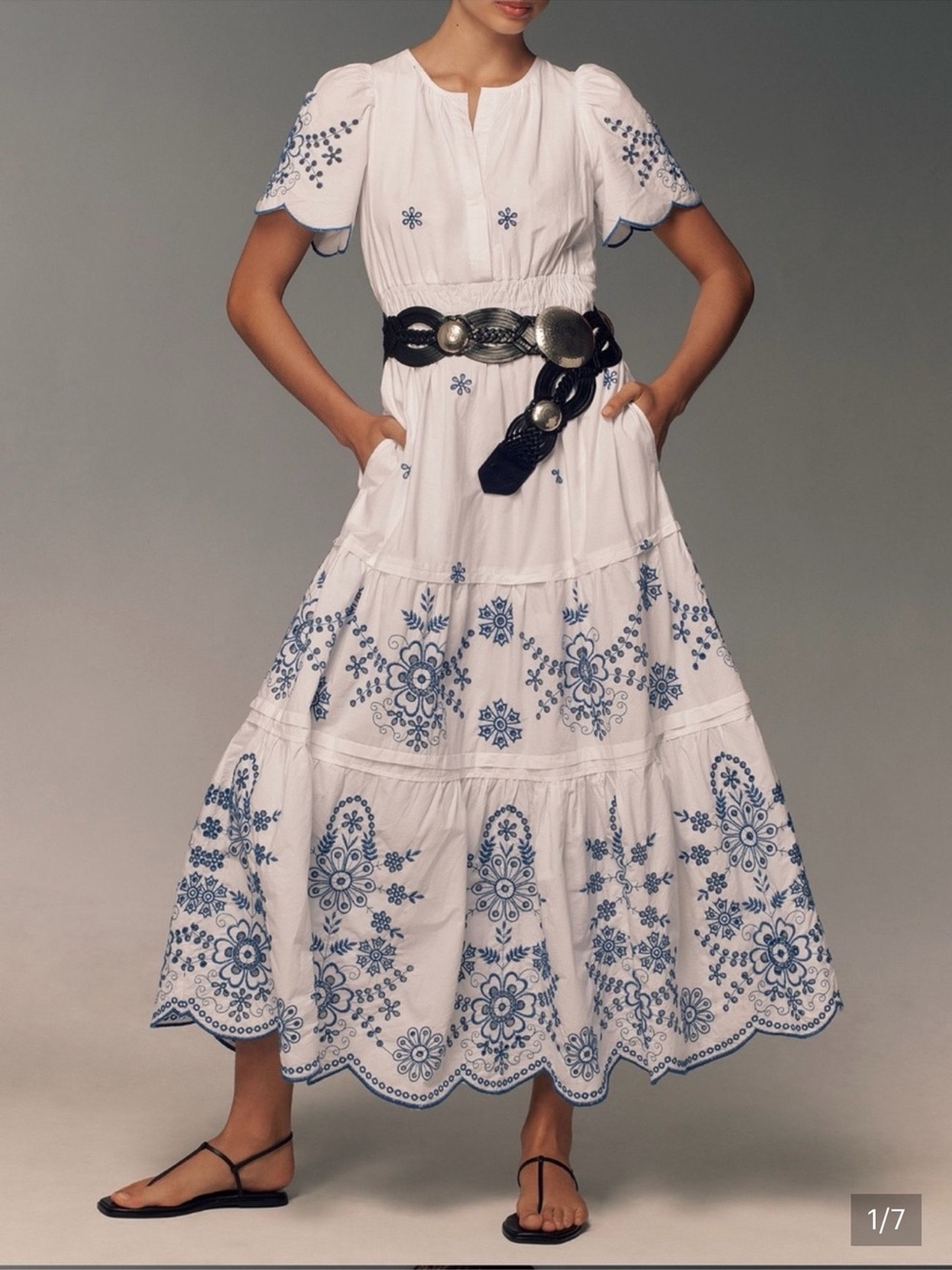Anthropologie White Maxi Dress with Blue Floral Embroidery